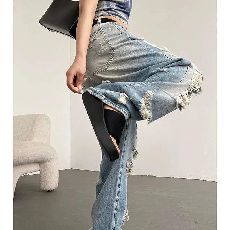 vmtvr Blue Low Waist Women's Jeans Vintage American Fashion Wide Leg Jean Worn-out Y2K Female Denim Trouser Baggy Summer Denim Pants