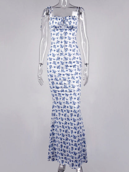 vmtvr Floral Print Cottagecore Elegant Sleeveless Maxi Sundress Sexy Backless Women Party Club Tie Front Dress Holiday