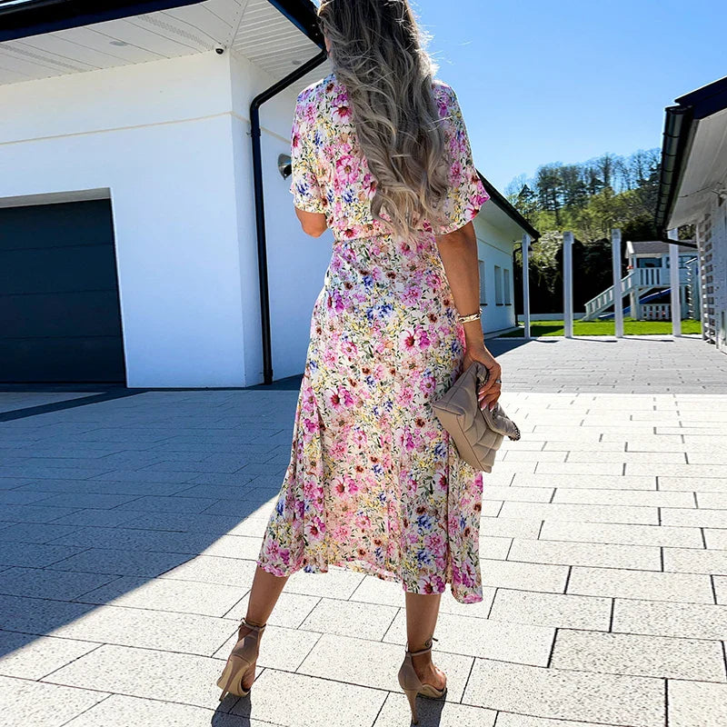 vmtvr New Spring Floral Print Boho Long Dress Women Elegant Wrap V-neck Belted A-Line Party Dress Summer Short Sleeve Loose Maxi Dress