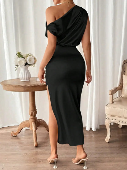 New Design Women's Dress Slim Fit Sleeveless Oblique Shoulder Collar Elegant Style Black Apricot Available