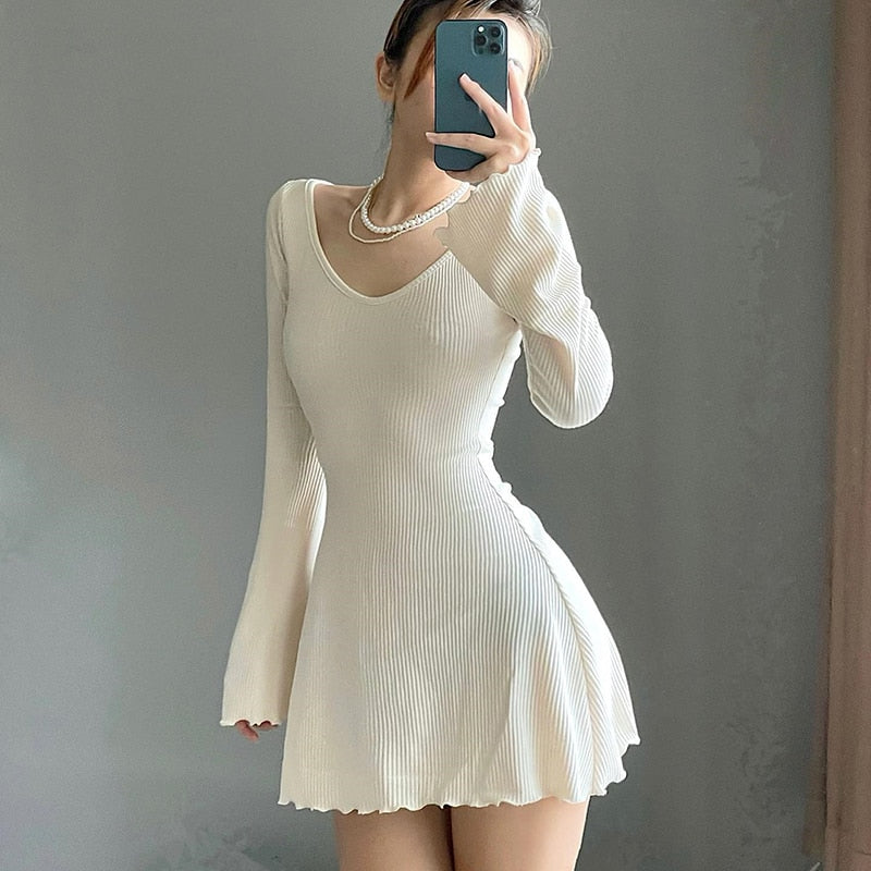 vmtvr - Casual Frill Long Sleeve Black Female Dress Slim Spring Autumn Mini Dresses Basic Fashion Elegant Outfits Korean Chic