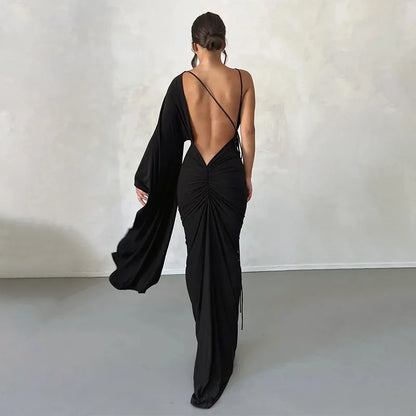 Fashion Draped Deep V Sexy Backless Maxi Dresses Party Club Women Elegant One Shoulder Gown Slip Dresses Ruched