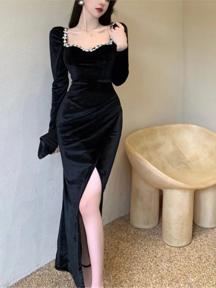 vmtvr  -  Bodycon Sexy Party Dresses Women Winter Black Evening Elegant Long Dress Ladies France Vintage Split Fishtail Vestidos Autumn