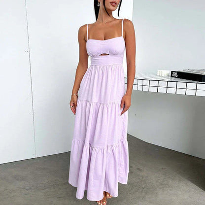 vmtvr Casual High Waist Pleated Beach Dresses Sexy Low Cut Hollow Club Party Dress 2024 Summer Simple Solid Sleeveless Suspender Dress