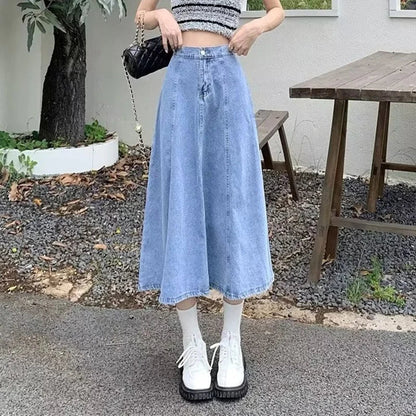 vmtvr Vintage Women Solid Jeans Skirts Summer Fashion Casual Female Loose Midi Skirts Y2K All Match High Waist A Line Denim Skirts