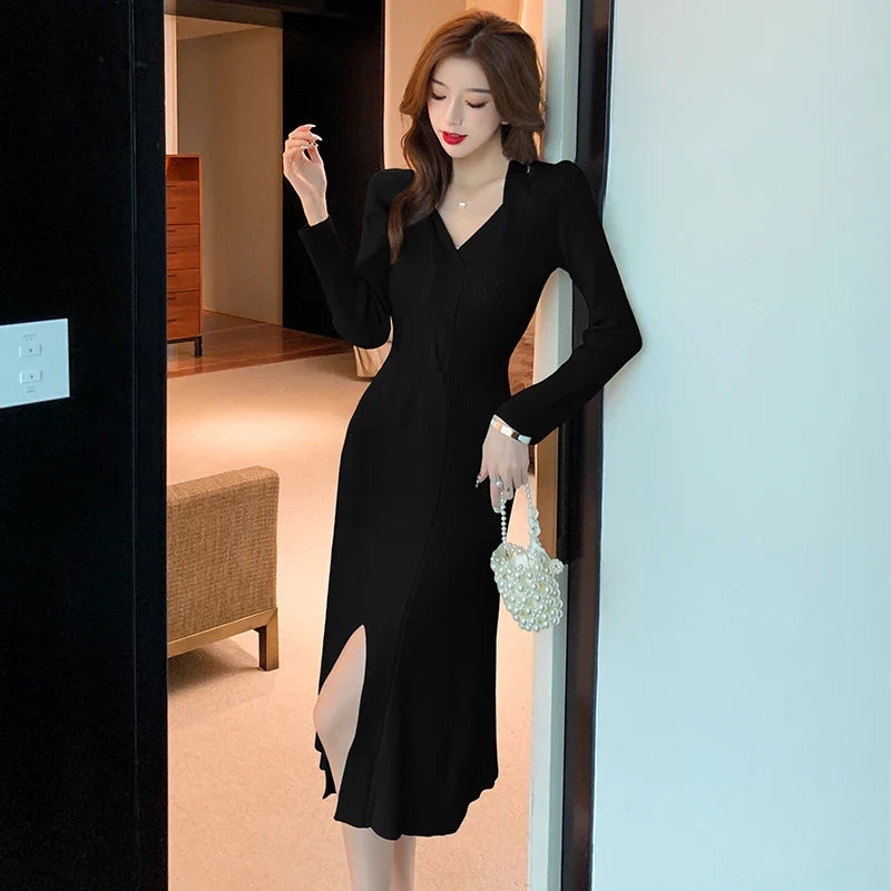 vmtvr Vintage Knitted Dress Autumn Winter Female V-Neck Party Night Pullover Sweater Dress Sexy Slim Split Long Dresses For Women