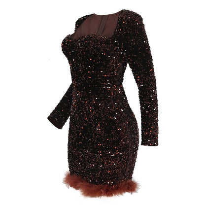 Sexy Luxury Sequins One Shoulder Mini Dress Elegant Black Feather Long Sleeve Backless Slim Dress Celebrity Evening Party Dress