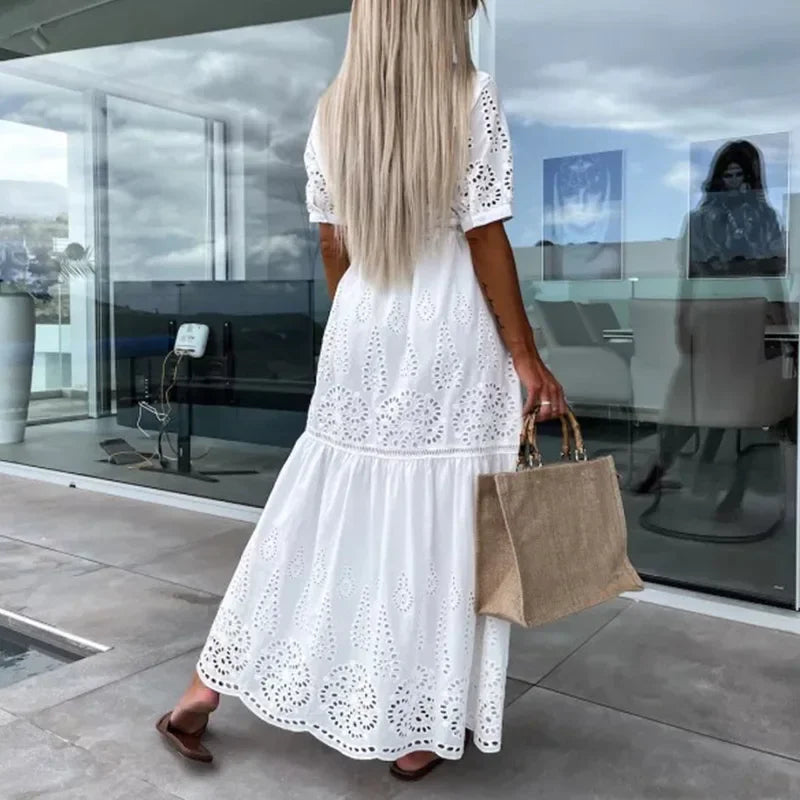 vmtvr Summer New Elegant Lace Embroidery Stitch Pleated Dresses Womem Stand Collar Button-up Party Dress Hollow Formal Female Vestidos