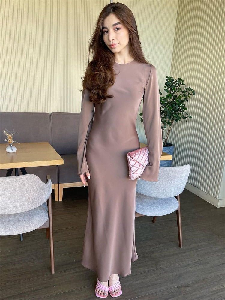 Tossy Satin Fashion Slim Maxi Dress For Women Long Sleeve High Waist Elegant Solid Party Dress Casual Luxury Ladies Summer Dress