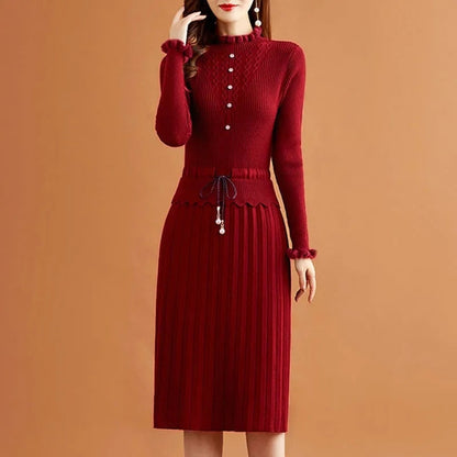 vmtvr - Fake Two Pieces Pleated Knitted Dress Women Vintage Ruffle Long Sleeve Bottoming Sweater Dresses Fall Casual Slim Midi Vestidos