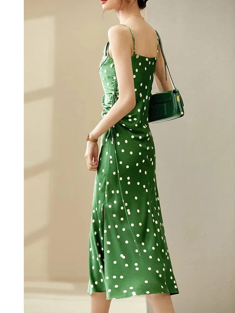 vmtvr - Summer Green Polka Dot Sexy Sundress for Women 2024 Elegant Dresses Shirring Lace-Up Sleeveless Midi Beach Dress