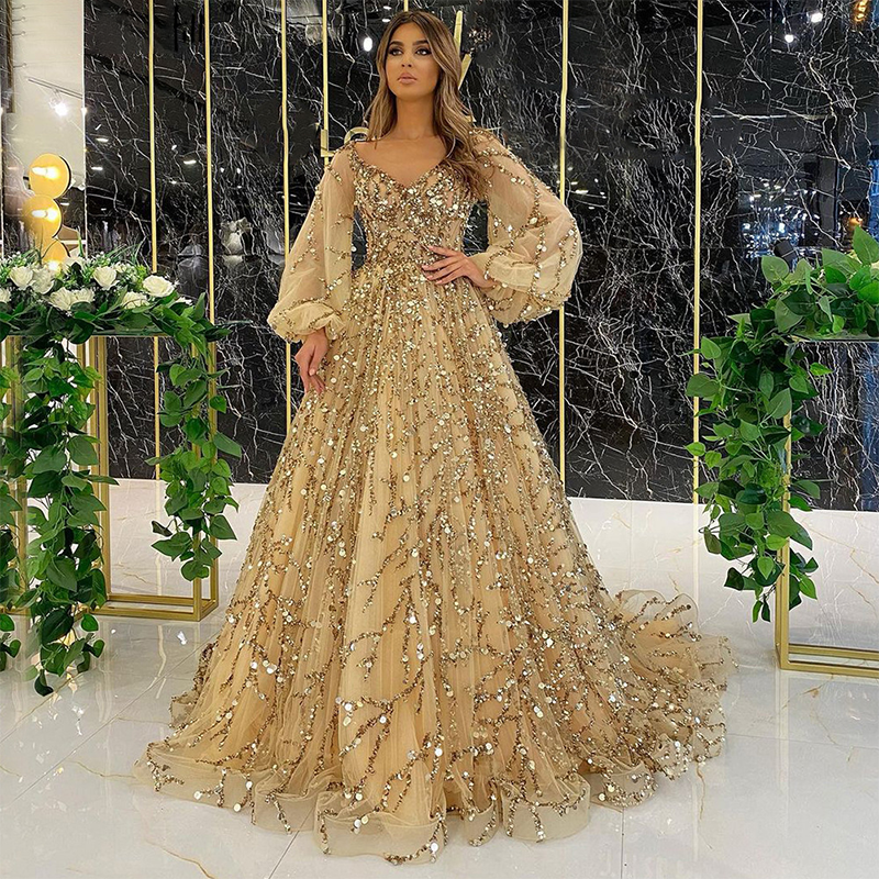 Luxury Gold Sequins Beads Prom Dresses Long Puff Sleeves A-line Wedding Woman Party Evening Gown Custom vestidos de fiesta