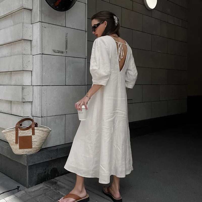 vmtvr  -  Original V-neck Cotton Linen Backless Dress Spring and Summer Women's Casual Loose Waist Bubble Sleeves A-line Sling Beach Dress