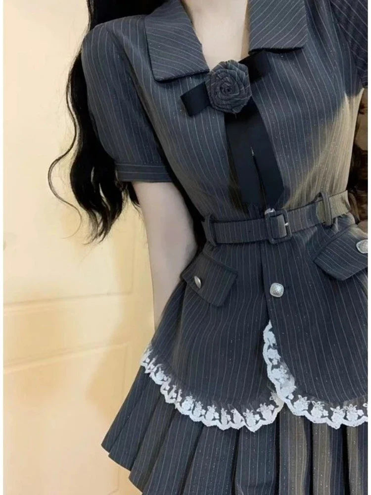 vmtvr Elegant Striped Two Piece Dress Set Women Short Sleeve Y2k Ruffles Crop Top Blouse + Mini Skirt Summer Fashion Korean Sets