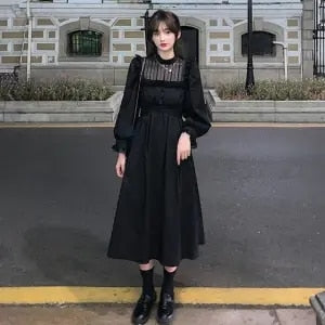 vmtvr - Gothic Black Lace Dress Women Casual Elegant Party Midi Ruffle Long Sleeve Dress Emo Y2k Goth Clothes 2022 Spring Robes