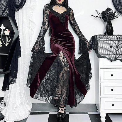 vmtvr  -  Goth Dark Vintage Mall Gothic Elegant Lace Trumpet Dresses Grunge Aesthetic Punk V-neck Long Dress Women Slim Evening Alt Clothe