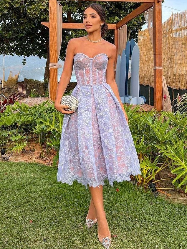 vmtvr  Spring Summer Formal Evening Dress Women's Lace Embroidery Strapless A-line Tunic Midi Birthday Party Dresses White Purple