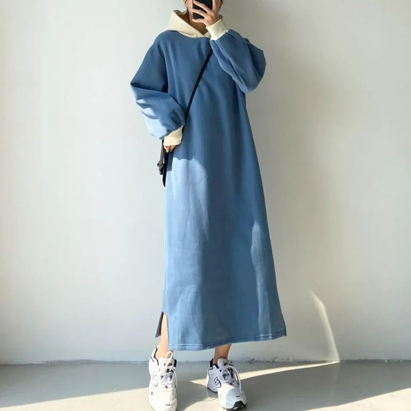 vmtvr Winter Fleece Thickened Dress Women's Solid Hooded Drawstring Korean Vintage Warm Casual Loose Versatile Side Split Dresses