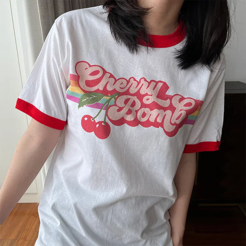 -Retro sports style outfit streetwear 90s fashion Vintage Cherry Bomb Printing Ringer Tees Short Sleeve Loose Cotton 80s 90s T Shirts Women Crewneck Ins Fashion Aesthetic Shirts