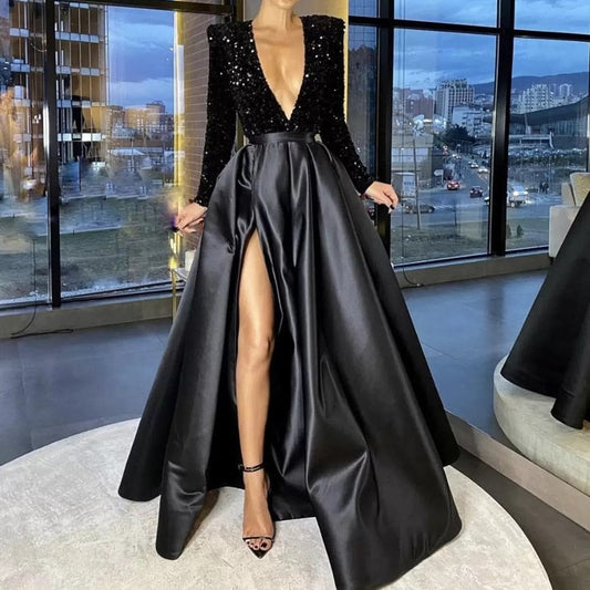 Sexy Deep V Sequins Long Sleeve Prom Dress New Fashion Patchwork High Split Pleated Party Dress 2023 Women Elegant Evening Dress