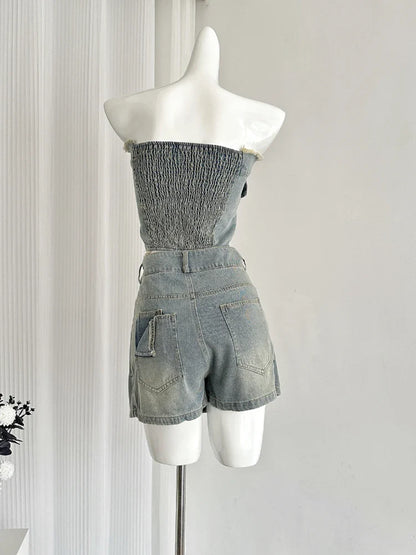 vmtvr 2024 Summer Vintage 2 Piece Skirt Set Women Casual Y2k Sleeveless Tops + Office Lady Slim Mini Skirt Fashion Sweet Denim Suits