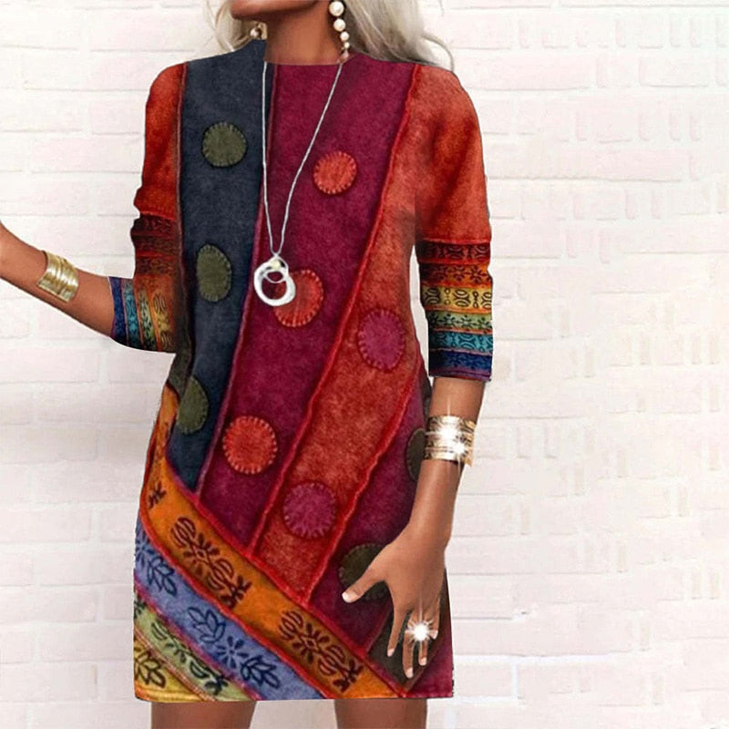 vmtvr Elegant Round Neck Geometric Printing Long Sleeve A-line Skirt Autumn Winter New Fashion Patchwork Slim Mini Dress Women