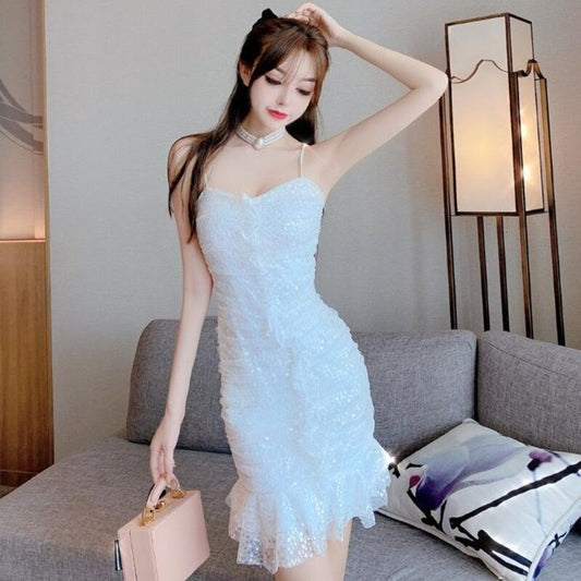 White Sequin Strapless Spaghetti Strap Dress Women Sexy Bright Party Mermaid Dresses Women Ruffles Mini Dress Sleeveless