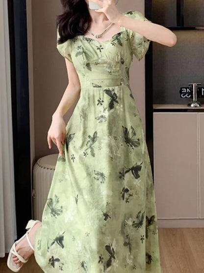 New Women Vintage Floral Print Midi Green Dress Elegant Chic A-Line Party Evening Clothes Female Fashion Casual Vestidos Robe