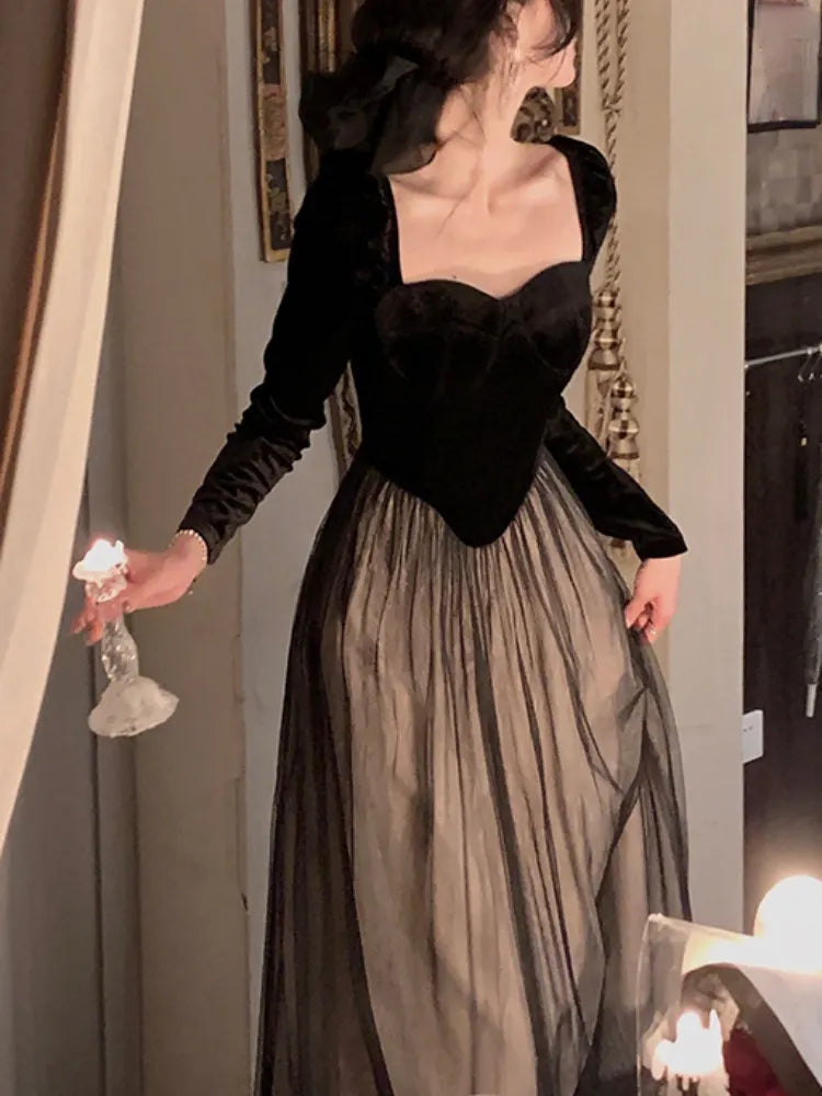 2024 Spring Elegant Velvet Long Sleeve Midi Dress Woman Slim Vintage Evening Party Dress Female Casual Korean Fashion Dress Chic