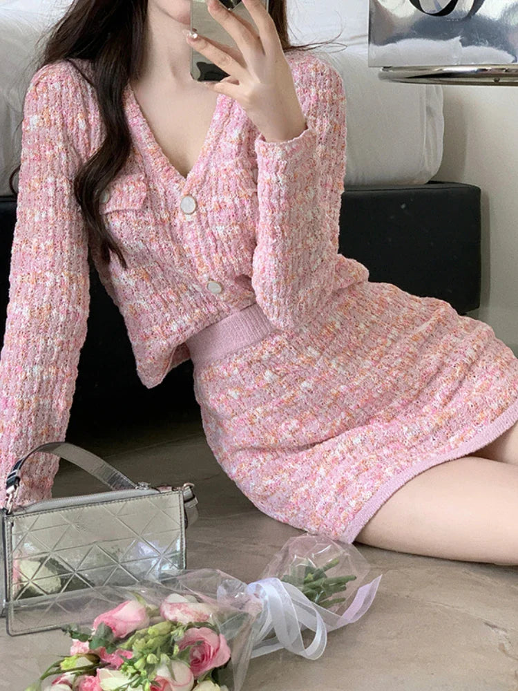 vmtvr Two Piece Dress Set Sweet Cardigan Sweater + Slim Skirt Pink Elegant Y2k Mini Dress Autumn Office Lady Casual Knitted Suits