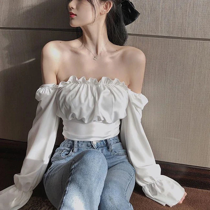 vmtvr Sexy Cropped Chiffon Shirts Women Summer Fashion Folds Female Lantern Sleeve Tops Y2K Korean Casual All Match White Blouse