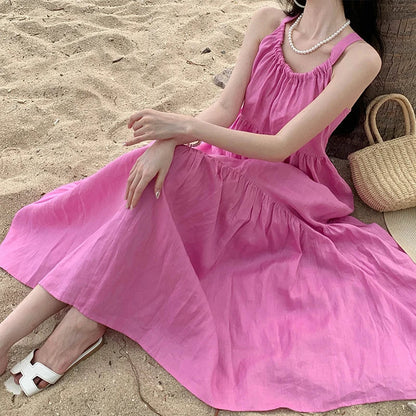 vmtvr New Summer Halter Backless Midi Women Dress Simple Loose Beach Vacation Pink Purple Long Sundress Korean Lolita Lazy Style