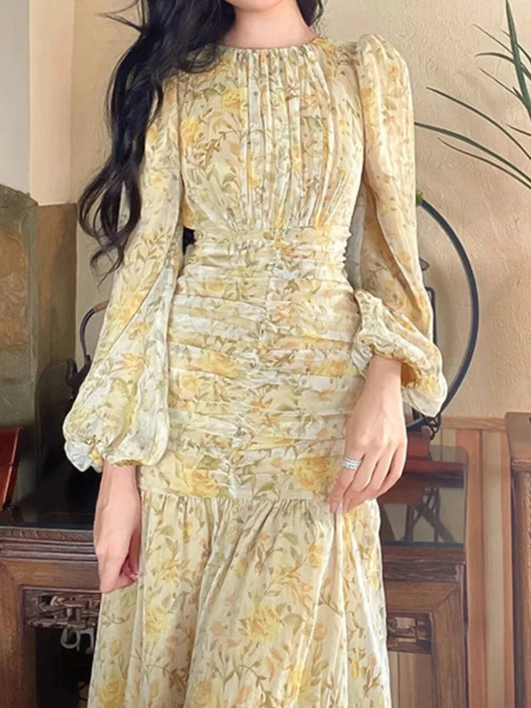 vmtvr  -  Elegant Floral Print Midi Dresses for Women New Summer Long Sleeve Folds Party Prom Female Clothes Beach Bodycon Dress Robe