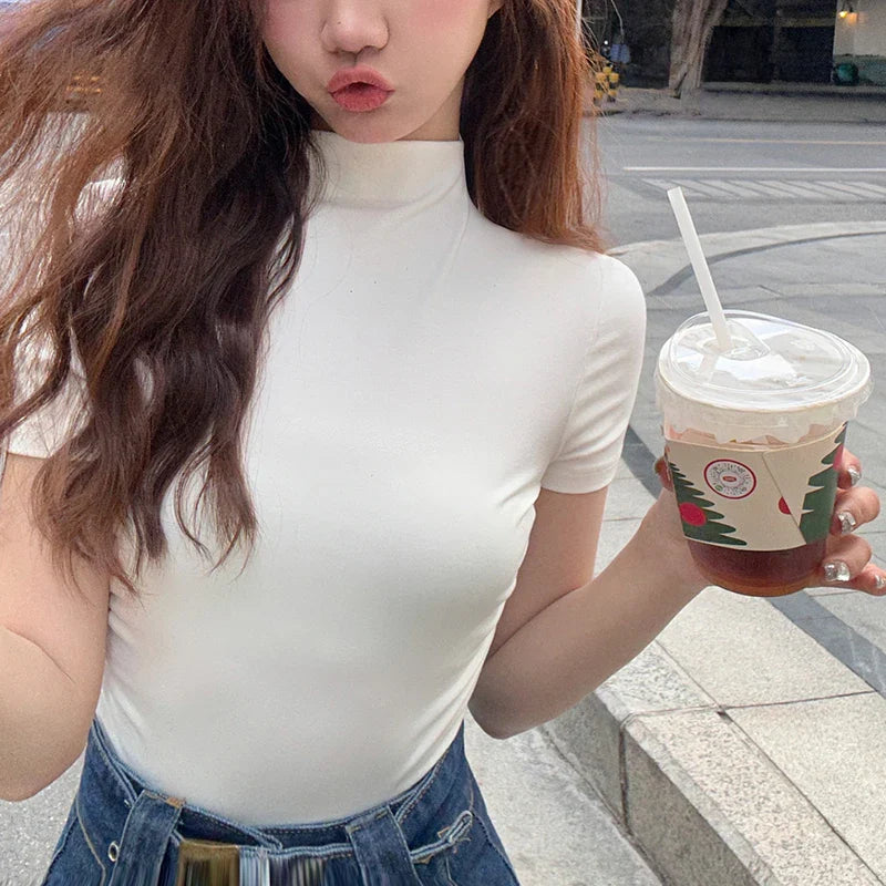 vmtvr Short Slim Turtleneck Pullover Inner Bottom Shirt Women Summer Spice Girls Design Tight Short Sleeve t-shirt Tops Soft