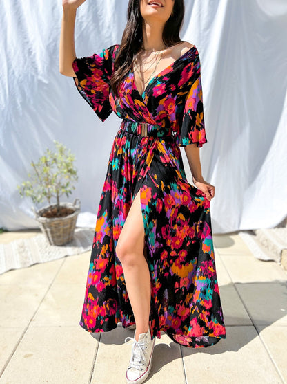 vmtvr - Elegant Casual Long Dress Ruffles Slit A Line Sexy Deep V Neck Print Floral Vestidos Boho Evening Prom Maxi Dress