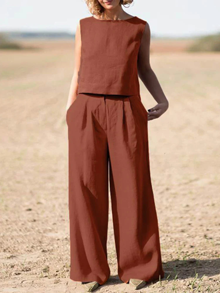 vmtvr Solid Cotton Linen Outfits Women Casual O Neck Sleeveless Pullover Blouse and Straight Pants Suits Summer Casual Loose 2Pc Sets