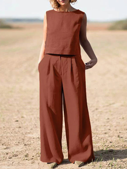 vmtvr Solid Cotton Linen Outfits Women Casual O Neck Sleeveless Pullover Blouse and Straight Pants Suits Summer Casual Loose 2Pc Sets