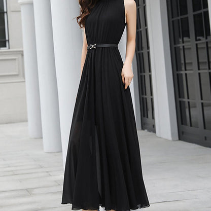 Simple Elegant Ladies Sleeveless Black Red Chiffon Long Dresses Women&#39;s Summer Fashion Ruffled Halter High Waist Maxi Dress Robe