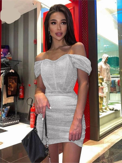 Women's Sexy Off Shoulder Tight Wrap Mini Dress Fashion Off Shoulder Pleated Hem Bodycon Dresses 2023 Female Party Club Dress