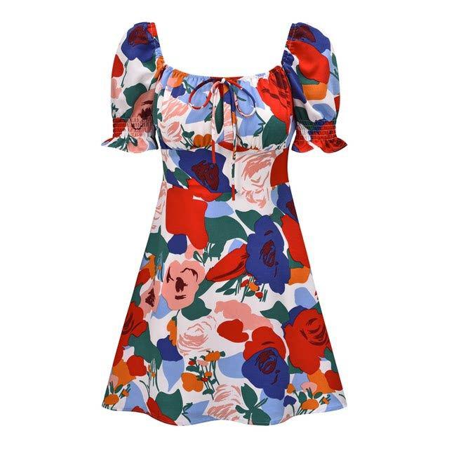 Y2k Floral Print Mini Dress Women Square Collar Puff Sleeve Summmer Skinny Slim Party High Waist Vintage Dresses 2023