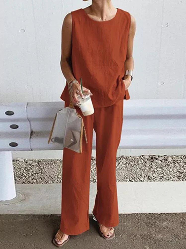 vmtvr Solid Cotton Linen Outfits Women Casual O Neck Sleeveless Pullover Blouse and Straight Pants Suits Summer Casual Loose 2Pc Sets