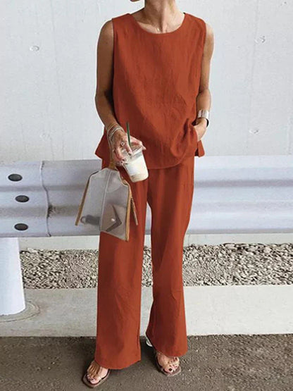 vmtvr Solid Cotton Linen Outfits Women Casual O Neck Sleeveless Pullover Blouse and Straight Pants Suits Summer Casual Loose 2Pc Sets
