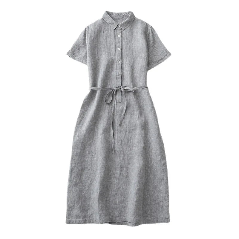 vmtvr  -  Linen Dress with Shirt Neckline - Women's Spring/Summer Basic Tee - Comfortable Cotton-Linen Blend, Essential Dress Style