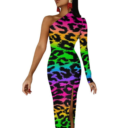 Rainbow Colors Maxi Dress Long Sleeve Colorful Aesthetic Cute Bodycon Dress High Slit Party Long Dresses Women Pattern Vestidos