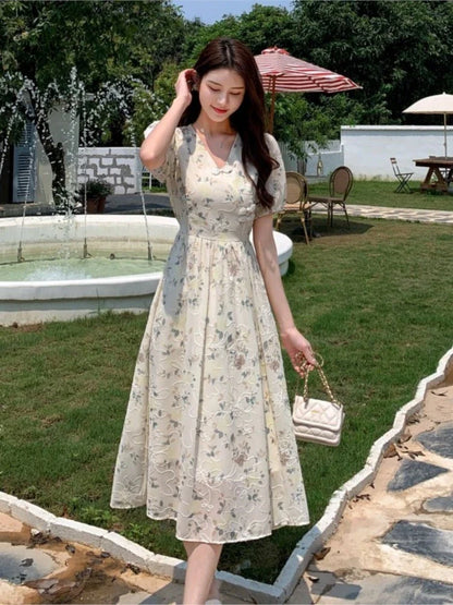 vmtvr Summer New Chinese Style Midi Dresses for Women Floral Printed V-neck Puff Sleeve A-line Casual Elegant Dress One Piece Vestido