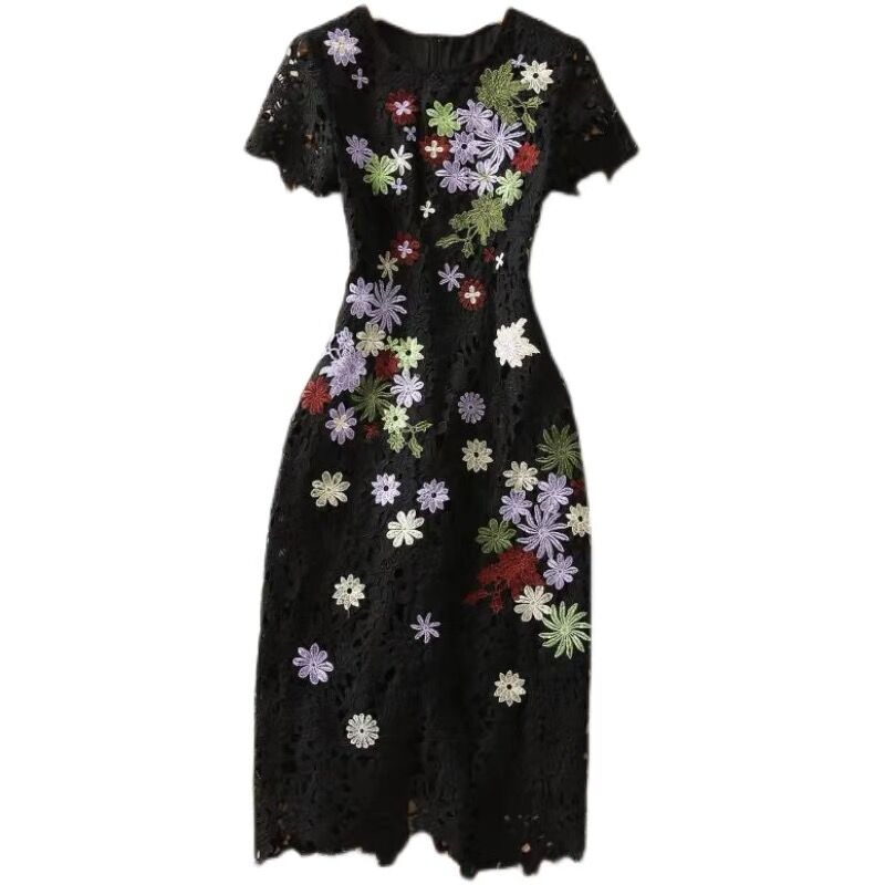 Summer Runway Water Soluble Lace Embroidery Flower Dress Women Short Sleeve Black Hollow Out Floral Party Bodycon Vestidos