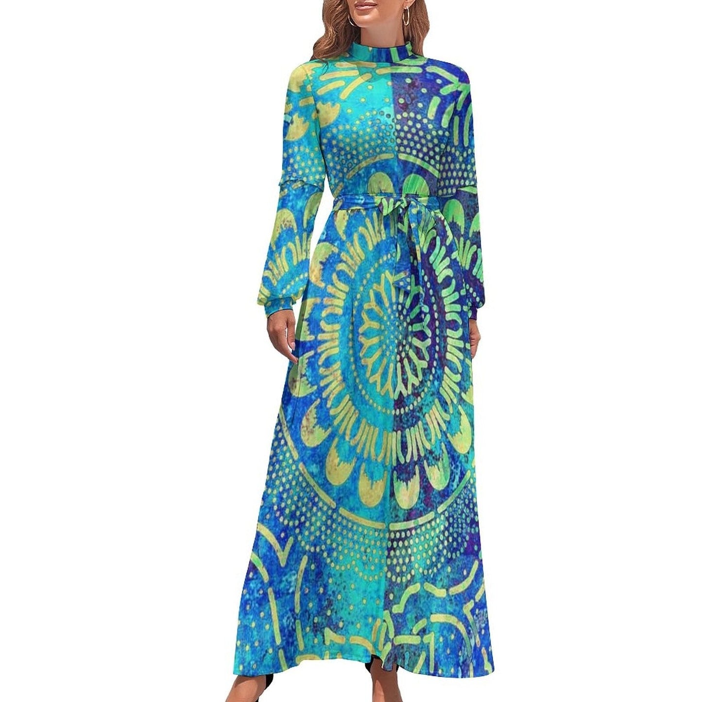 vmtvr - Ethnic Bohemia Dress Retro Floral Print Basic Beach Dresses Female Long Sleeve High Neck Elegant Long Maxi Dress