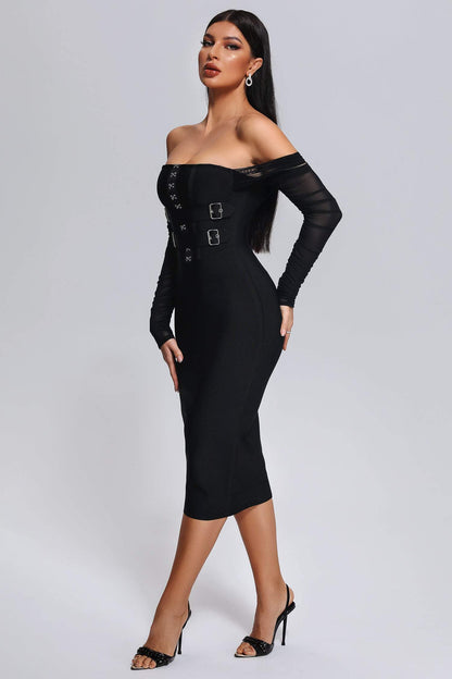 vmtvr -  New Black Color Women Mesh Long Sleeve Sexy Off the Shoulder Bodycon Mid-calf Dress Bandage Elegant Evening Party Dress