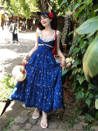 vmtvr Bule French Vintage Lace Floral Party Dress Women Sweet Elegant Backless Midi Dress 2024 Summer Korean Fashion Sleeveless Dress