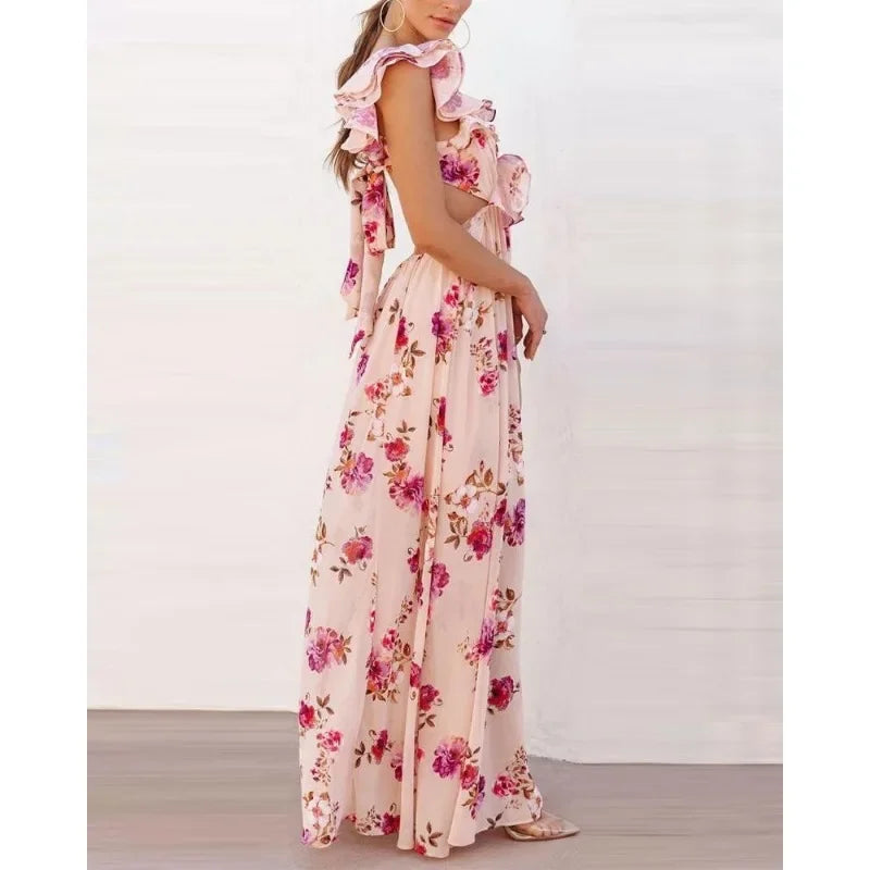 Shdowlass  -   Summer New Women's Flower Print off-the-Shoulder Stitching Backless Maxi Dress